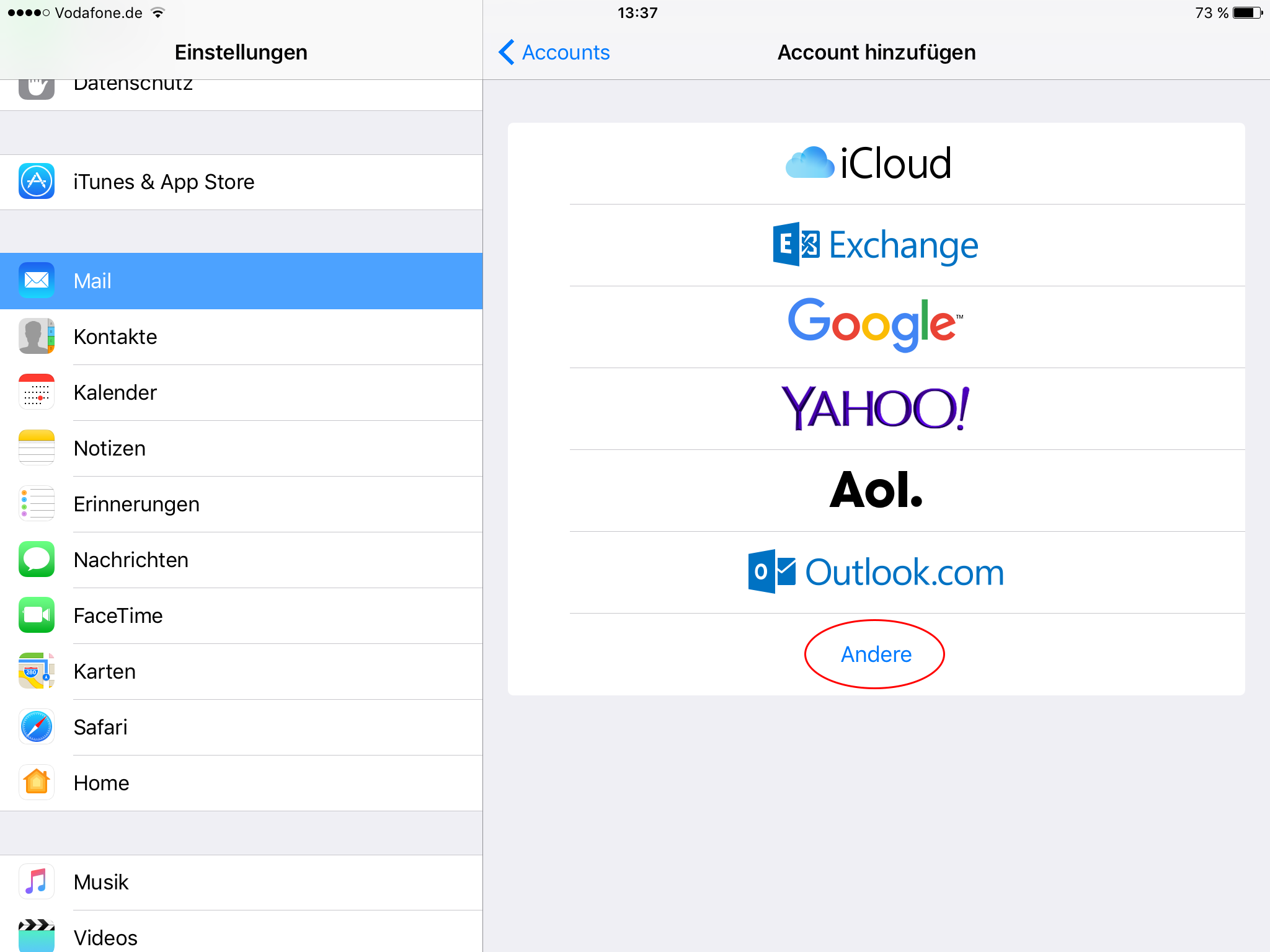 iOS E-Mail Einrichtung Accounttyp