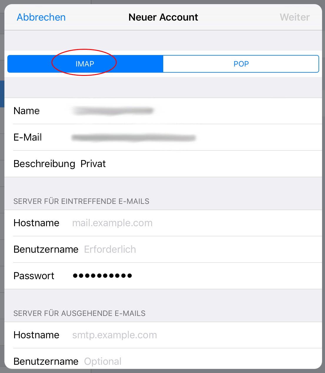 iOS E-Mail IMAP Einstellungen