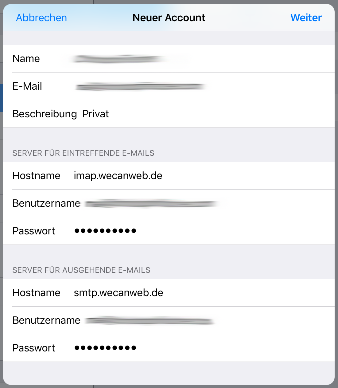 iOS E-Mailserver Einstellungen