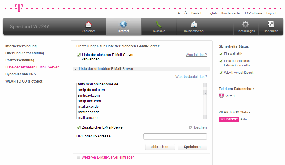Konfiguration Telekom Router Liste der sicheren E-Mail Server